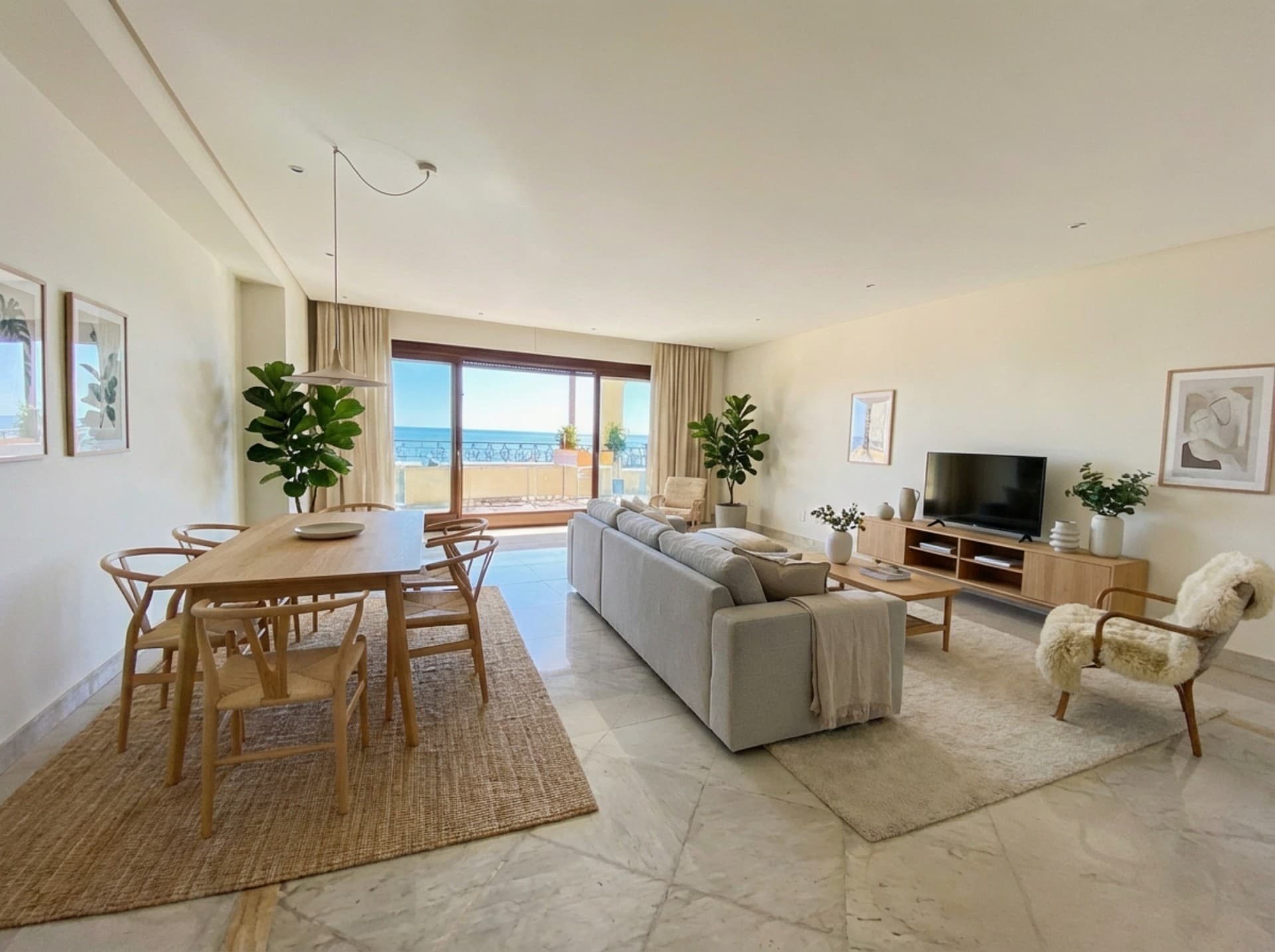 Photo of a living room with virtual home staging in Scandinavian style edited with Inmoedit